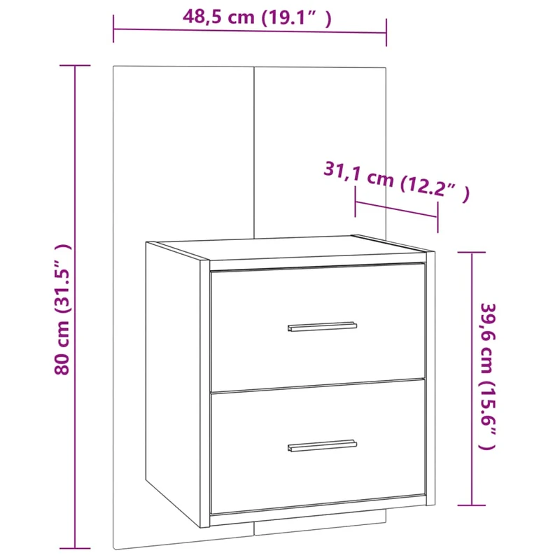 Table de chevet murale avec deux tiroirs 48,5 x 32,5 x 80 cm en bois d'ingénierie gris DEC034325