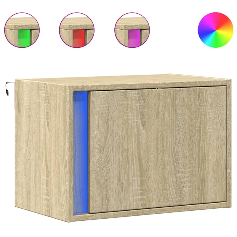 Table de chevet murale avec lumières LED et compartiment avec porte 50 x 31 x 35 cm en bois d'ingénierie couleur chêne DEC034192