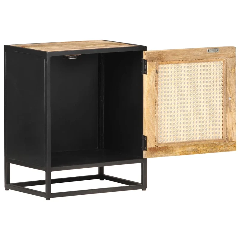 Table de chevet avec compartiment avec porte 40 x 30 x 50 cm bois de manguier canne et fer DEC032931