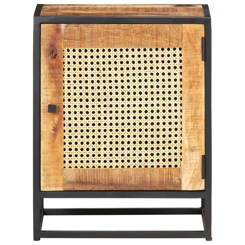 Table de chevet avec compartiment avec porte 40 x 30 x 50 cm bois de manguier canne et fer DEC032931