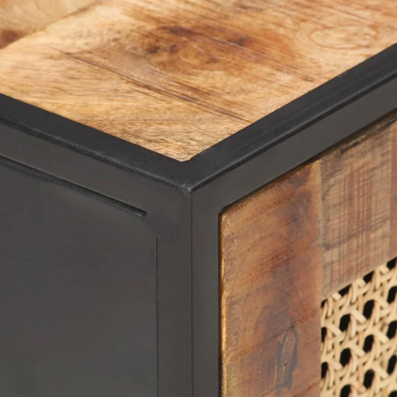 Table de chevet avec compartiment avec porte 40 x 30 x 50 cm bois de manguier canne et fer DEC032931
