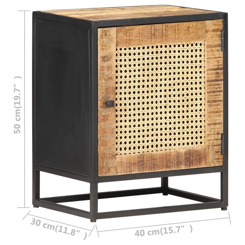 Table de chevet avec compartiment avec porte 40 x 30 x 50 cm bois de manguier canne et fer DEC032931