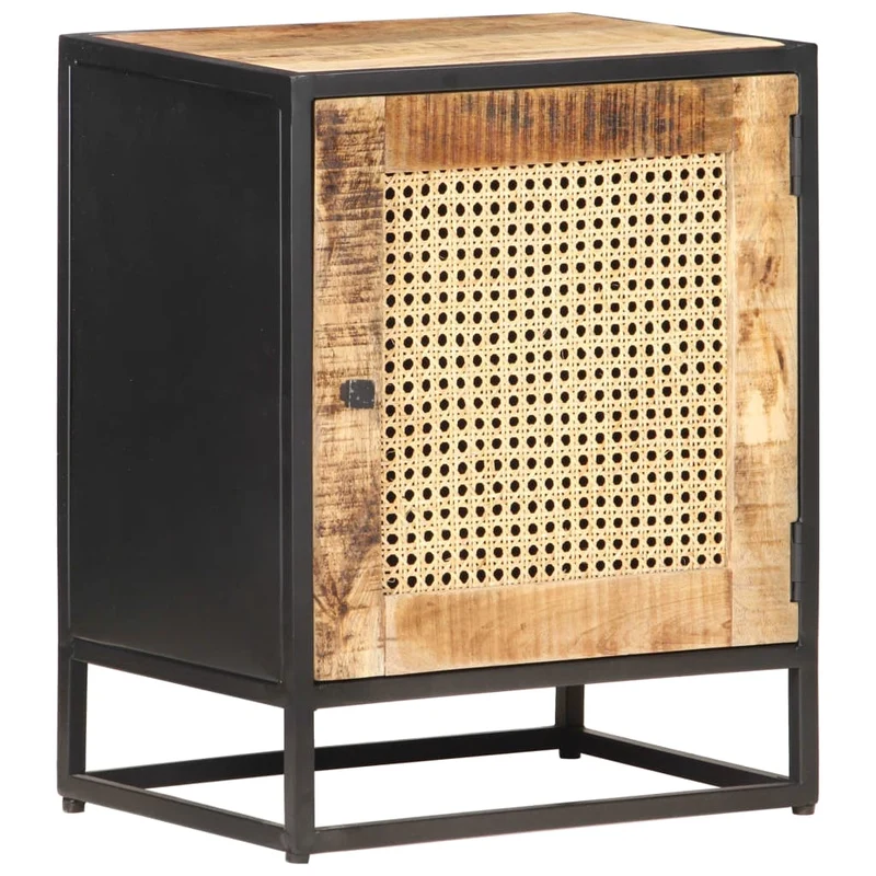 Table de chevet avec compartiment avec porte 40 x 30 x 50 cm bois de manguier canne et fer DEC032931