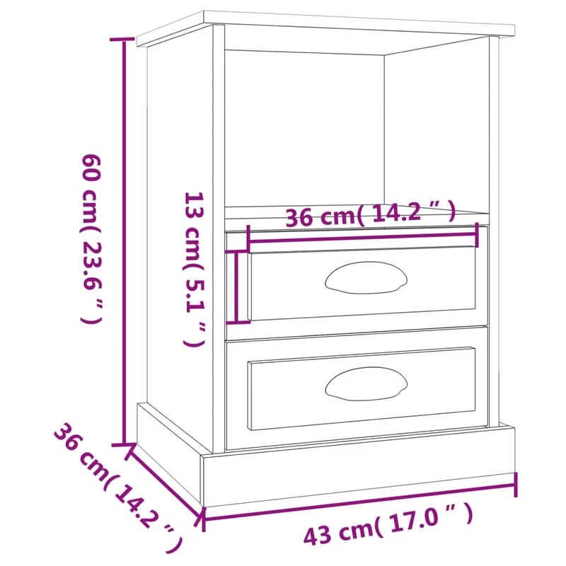 Table de chevet avec deux tiroirs et compartiment ouvert 43 x 36 x 60 cm bois d'ingénierie marron DEC033648