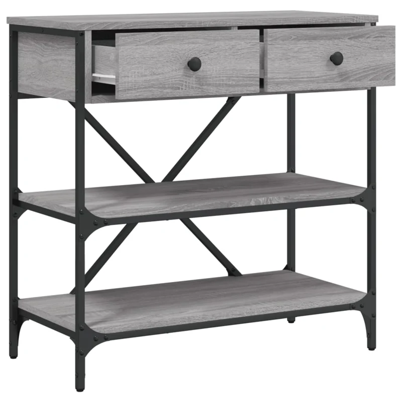 Table console avec tiroirs et étagères 75 x 34,5 x 75 cm bois d'ingénierie gris et métal DEC032244