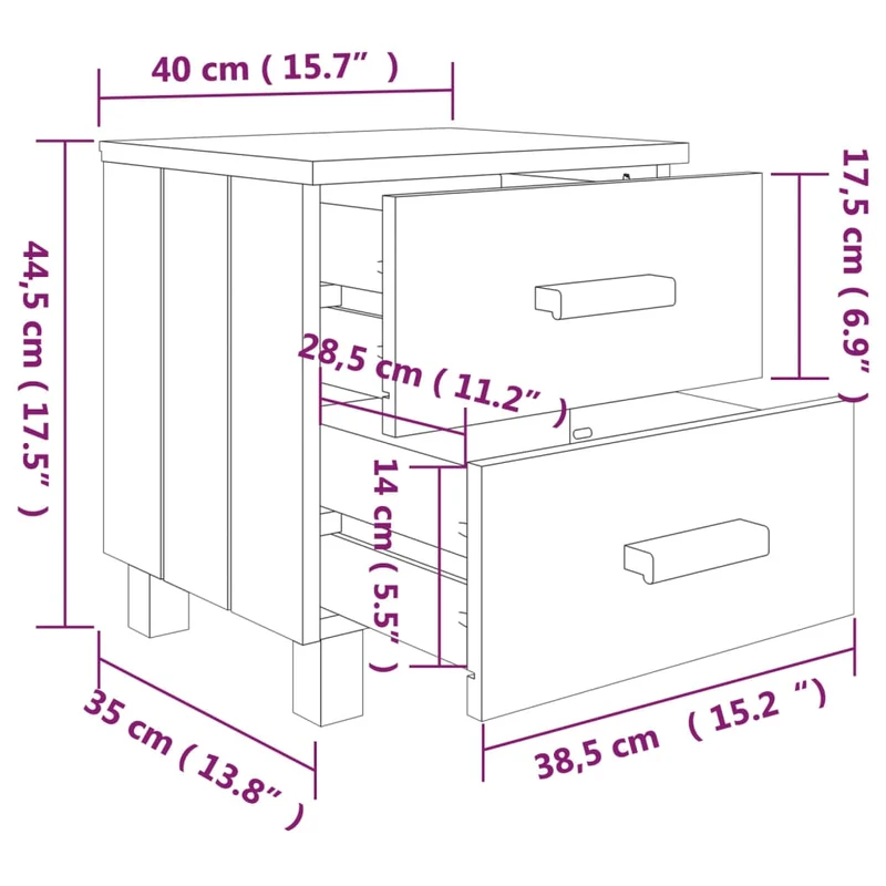 Table de chevet avec deux tiroirs 40 x 35 x 44,5 cm bois pin gris DEC034073