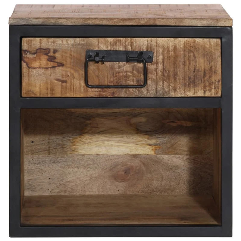 Table de chevet avec tiroir et compartiment ouvert 40 x 35 x 40 cm bois de manguier et fer DEC032997