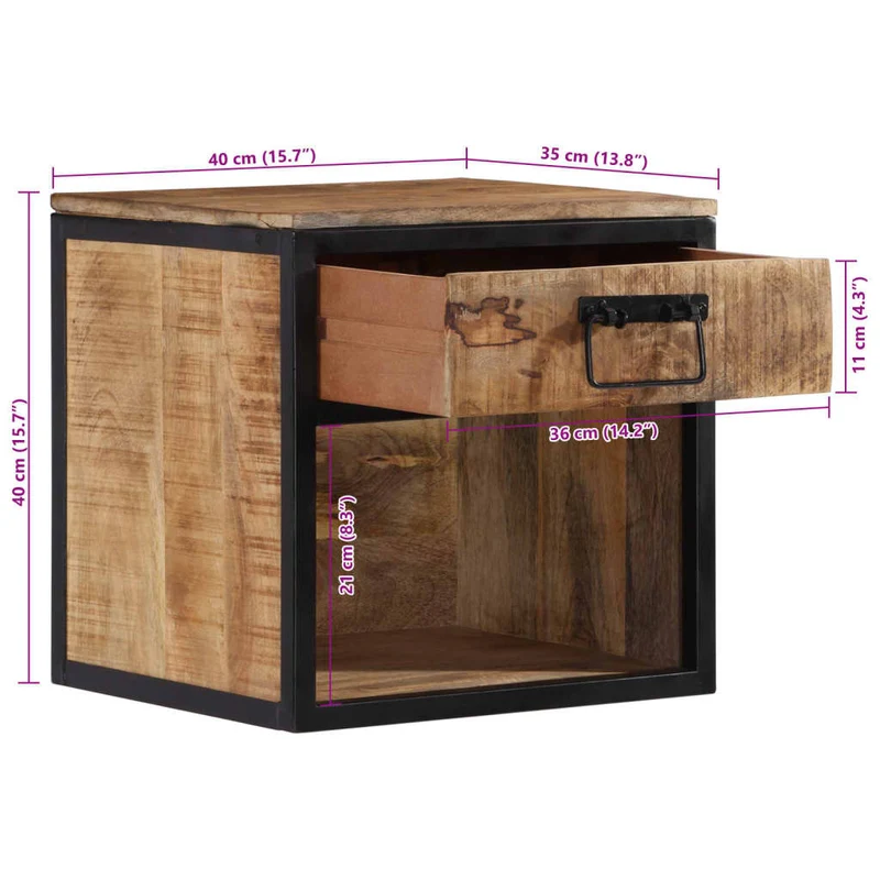 Table de chevet avec tiroir et compartiment ouvert 40 x 35 x 40 cm bois de manguier et fer DEC032997