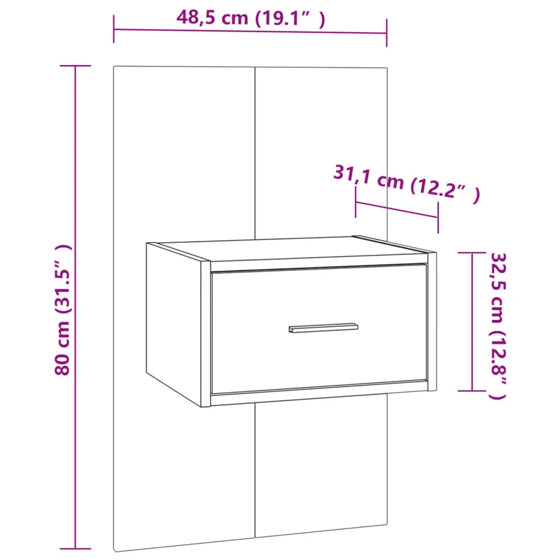Table de chevet murale avec tiroir 48,5 x 32,5 x 80 cm en bois d'ingénierie blanc DEC034217