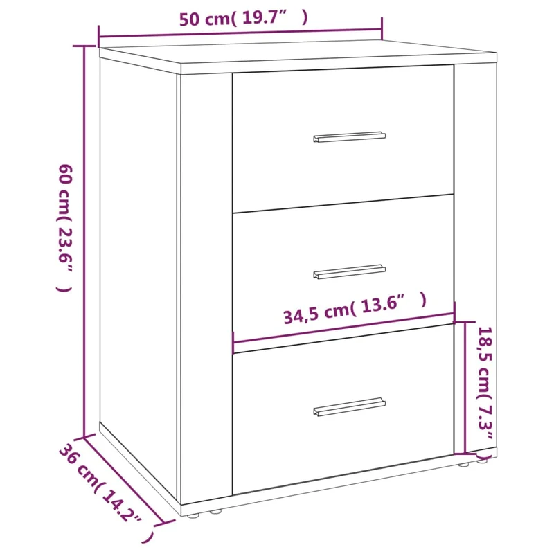 Table de chevet avec 3 tiroirs 50 x 36 x 60 cm bois d'ingénierie marron DEC033664