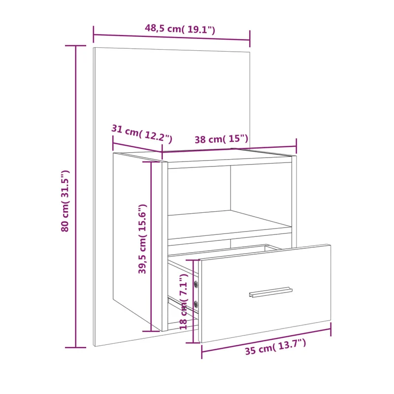 Table de chevet murale avec tiroir 48,5 x 32,5 x 80 cm en bois d'ingénierie blanc brilliant DEC034233