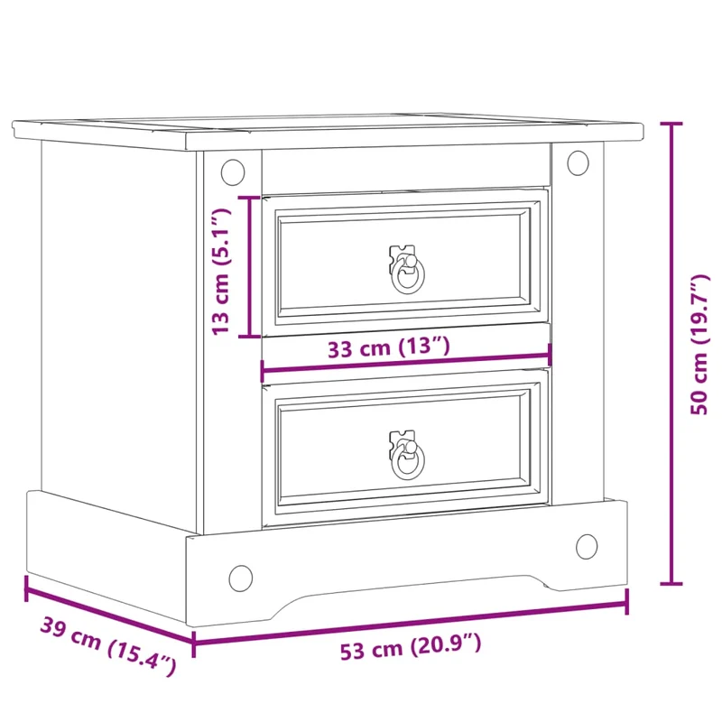 Table de chevet avec deux tiroirs 53 x 39 x 50 cm bois de pin massif DEC033906