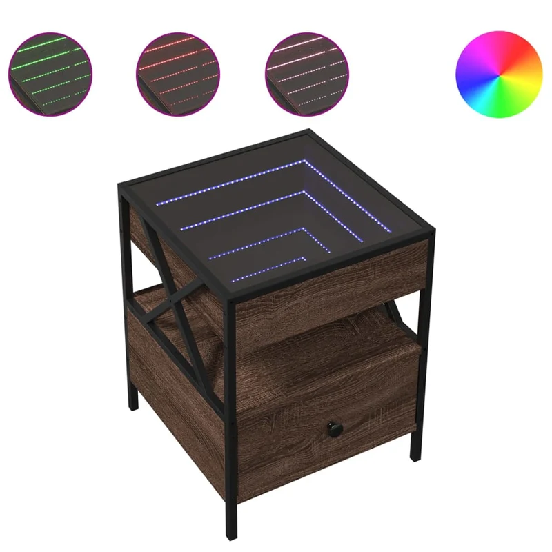 Table de chevet avec miroir à LED avec tiroir et compatiment 40 x 40 x 51 cm bois d'ingénierie marron verre et acier DEC033140