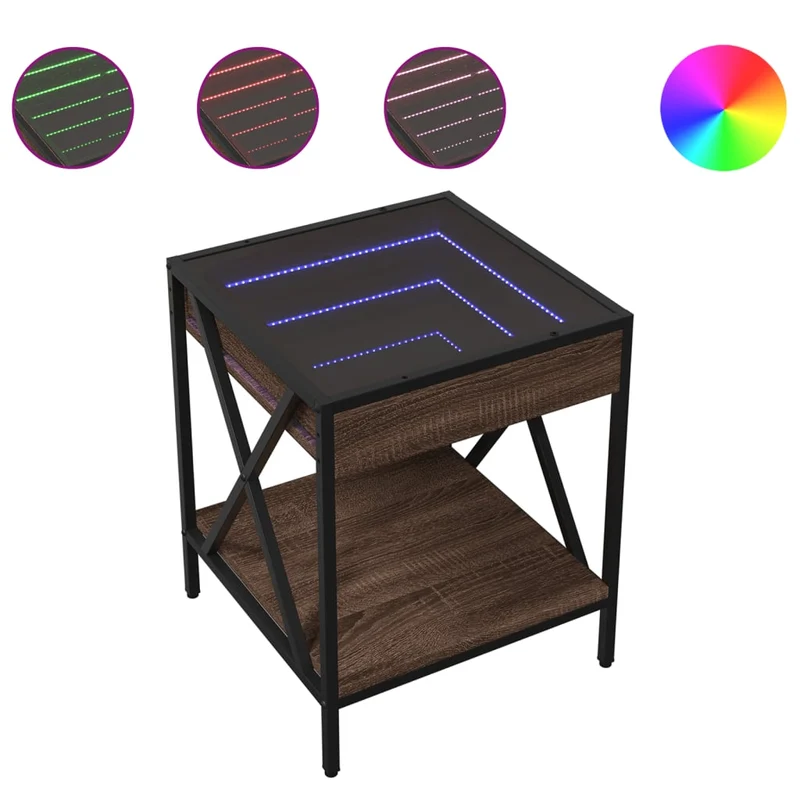 Table de chevet avec miroir à LED et étagère 40 x 40 x 49 cm bois d'ingénierie marron verre et acier DEC033138
