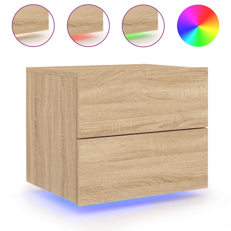 Table de chevet murale avec lumières LED et tiroirs 50 x 39 x 41 cm en bois d'ingénierie couleur chêne DEC034188