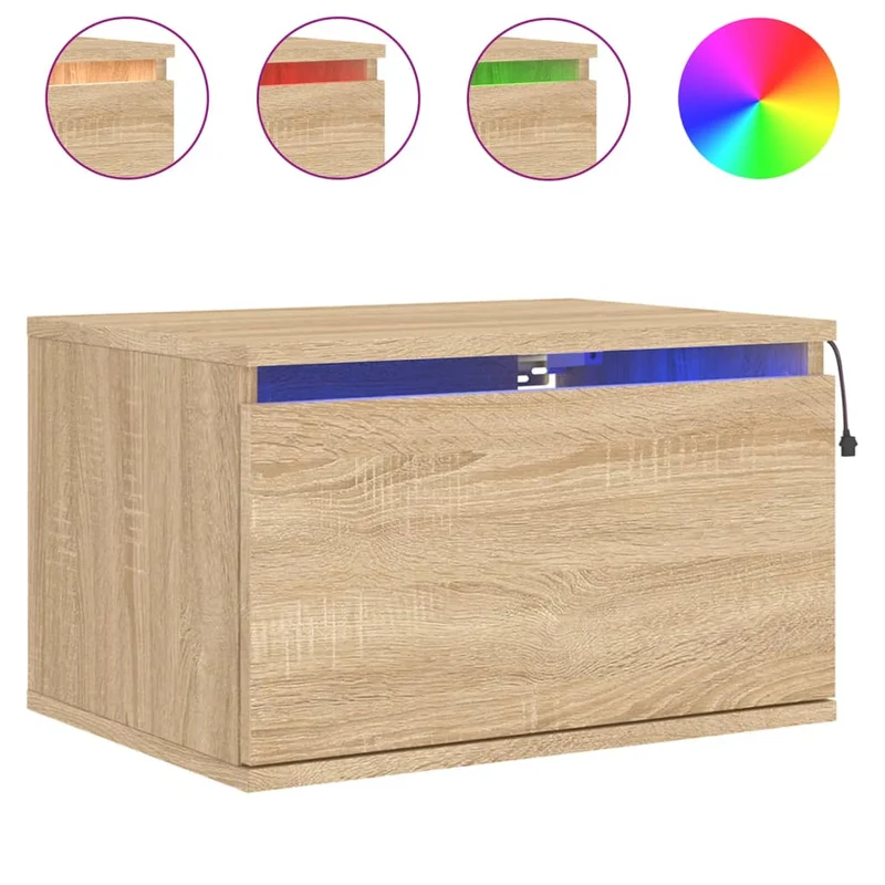 Table de chevet murale avec lumières LED et tiroir 50 x 36 x 30 cm en bois d'ingénierie couleur chêne DEC034193