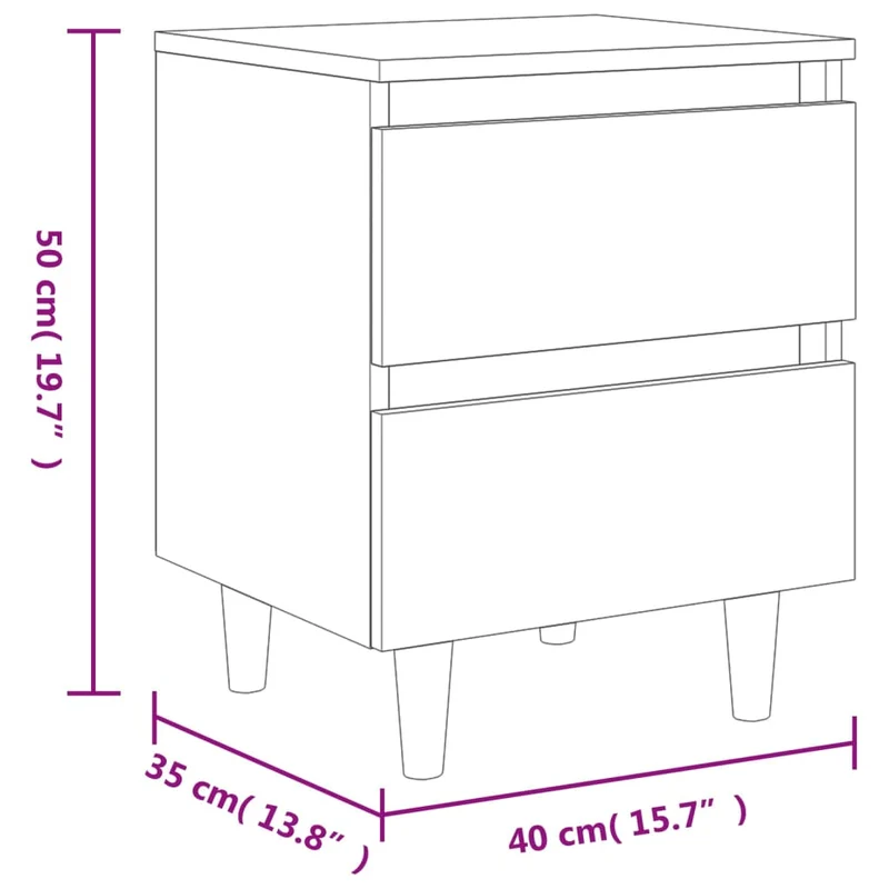 Table de chevet 2 tiroirs avec pieds en pin 40 x 35 x 50 cm bois d'ingénierie couleur chêne DEC033260