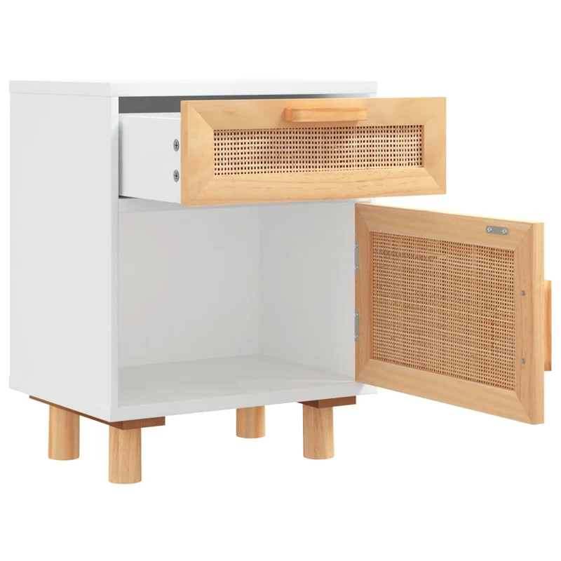 Table de chevet avec tiroir et compartiment en bois de pin blanc et rotin naturel DEC033434