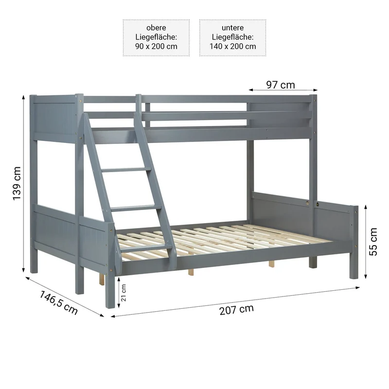 Lits pour enfants superposés 3 couchages avec sommier à lattes 1 lit deux places 140x200 cm et 1 lit une place 90x200 cm bois gris LIT06251