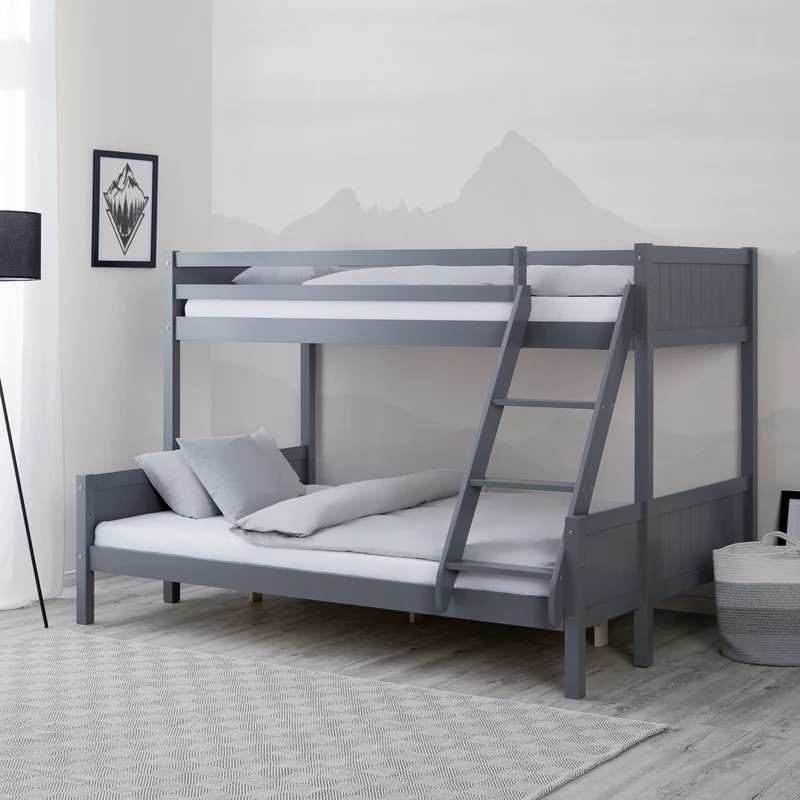 Lits pour enfants superposés 3 couchages avec sommier à lattes 1 lit deux places 140x200 cm et 1 lit une place 90x200 cm bois gris LIT06251