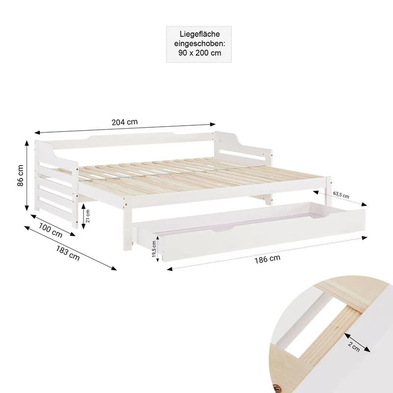 Lit gigogne enfant avec sommier à lattes 90x200 en bois blanc avec tiroir de rangement LIT06250