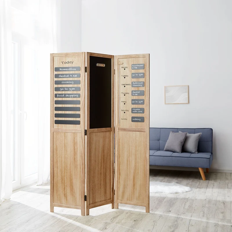 Paravent 3 panneaux en bois 170x120 cm avec ardoise intégrée pour planning semaine PAR06098