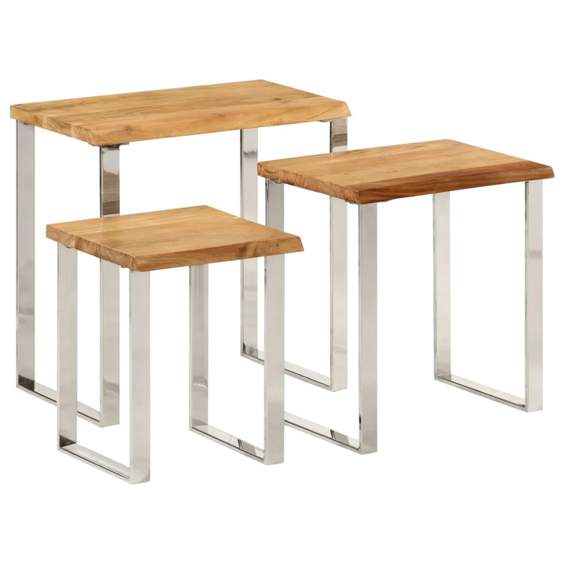 Lot de 3 tables d'appoint gigognes en bois massif d'acacia et acier DEC032693