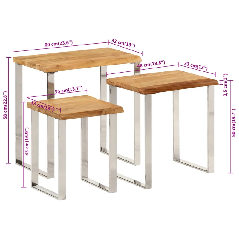 Lot de 3 tables d'appoint gigognes en bois massif d'acacia et acier DEC032693