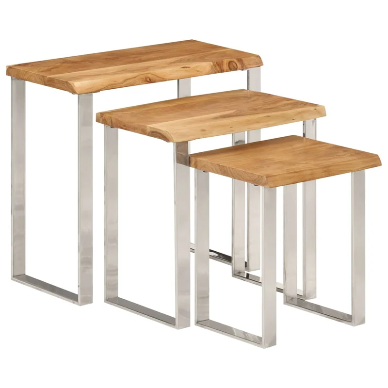 Lot de 3 tables d'appoint gigognes en bois massif d'acacia et acier DEC032693