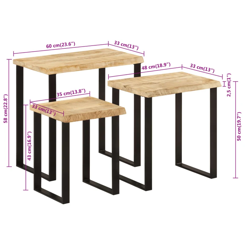 Lot de 3 tables d'appoint gigognes en bois de manguier massif et acier DEC032691