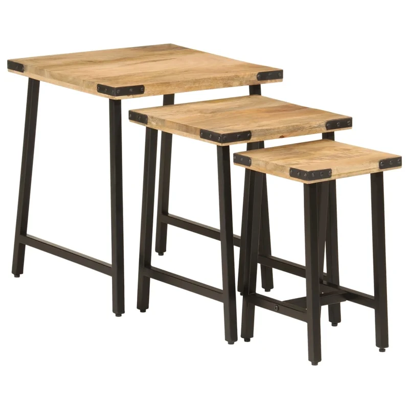 Lot de 3 tables d'appoint gigognes en bois massif de manguier et fer DEC032591
