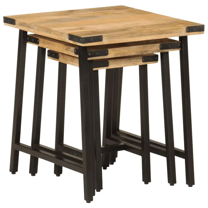 Lot de 3 tables d'appoint gigognes en bois massif de manguier et fer DEC032591