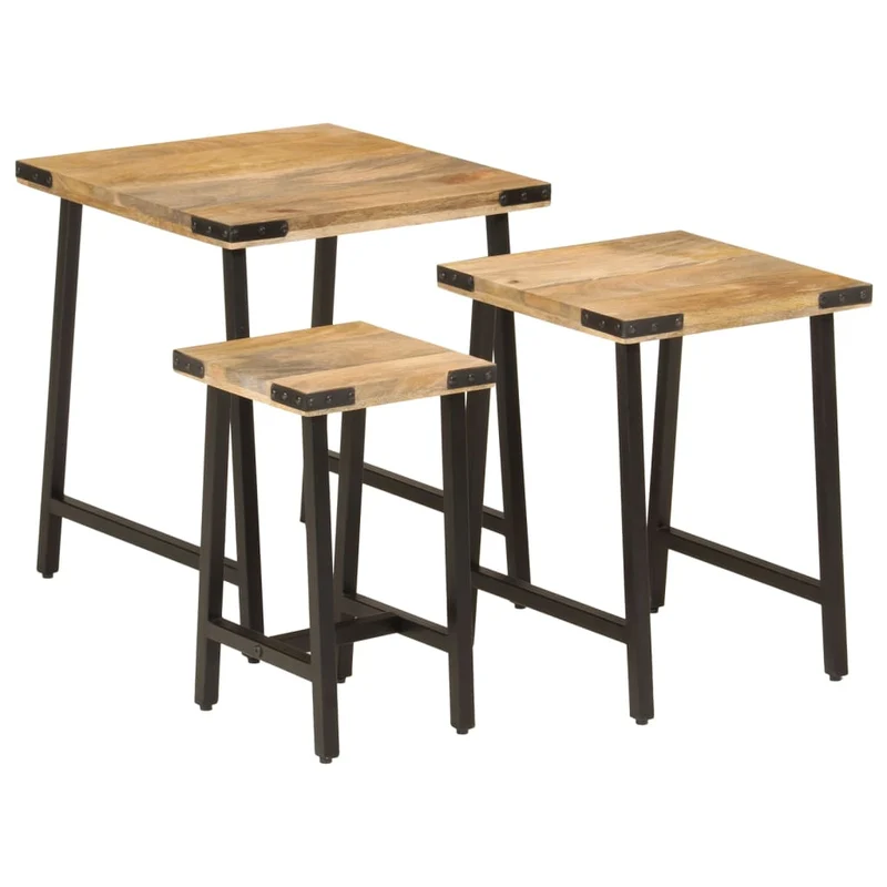 Lot de 3 tables d'appoint gigognes en bois massif de manguier et fer DEC032591