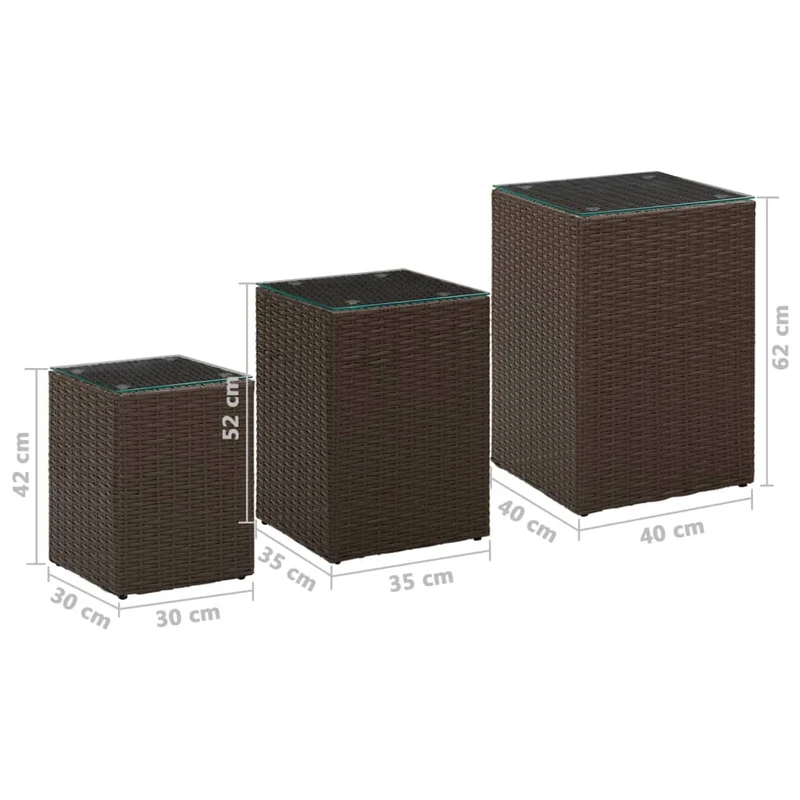 Lot de 3 tables d'appoint support de plantes dessus en verre et résine tressée marron DEC032665