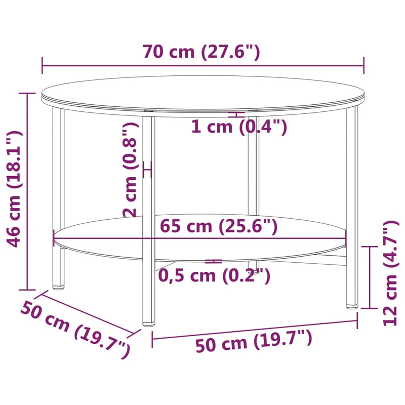 Table basse table d'appoint 70 cm verre trempé noir et fer DEC032586