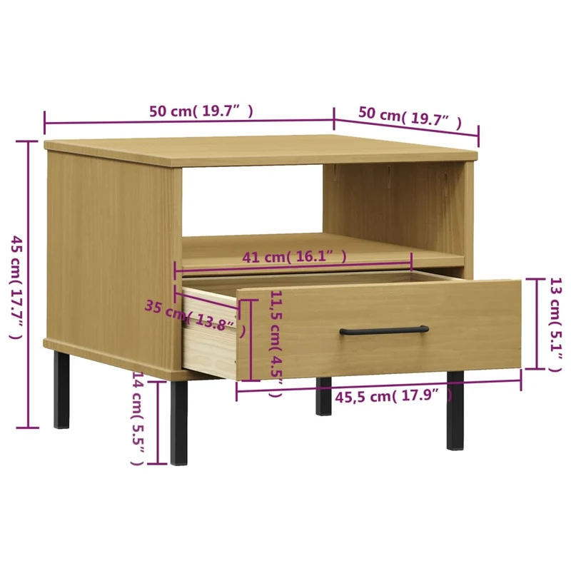 Table de chevet avec tiroir et compartiment 50 x 50 x 45 cm en bois pin marron DEC032561