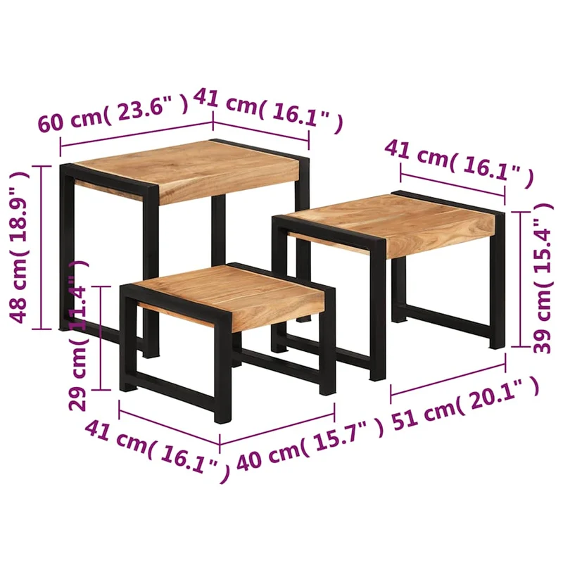 Lot de 3 tables d'appoint gigognes en bois solide et acier DEC032710