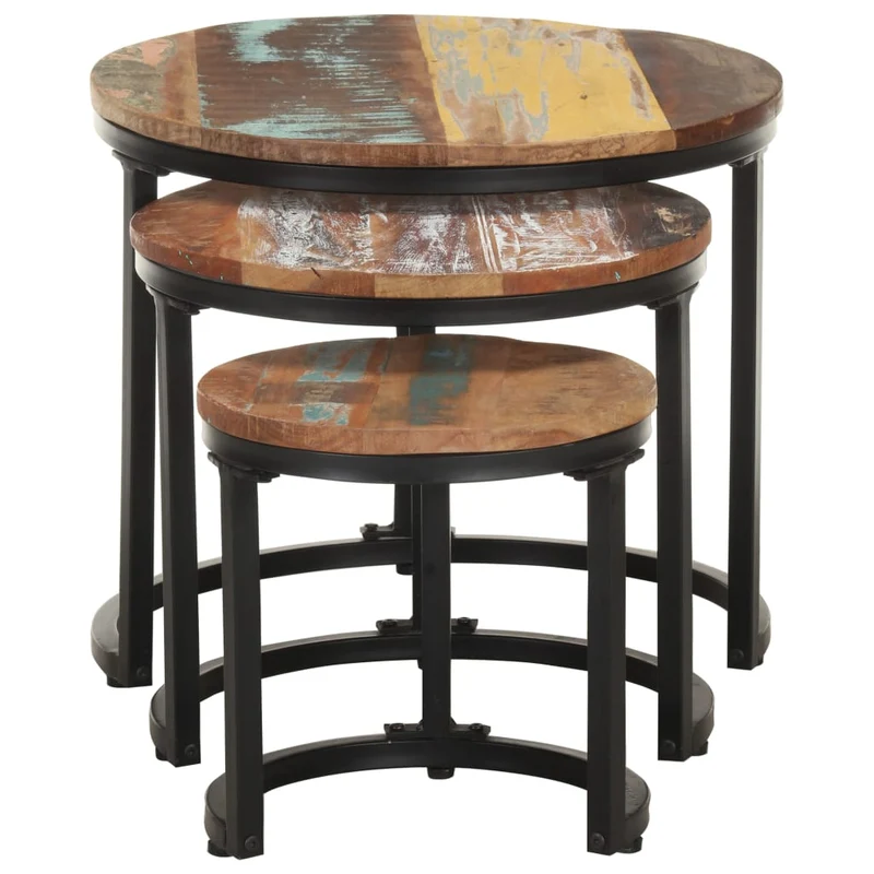 Lot de 3 tables d'appoint en bois de récupération massif multicolore DEC032661