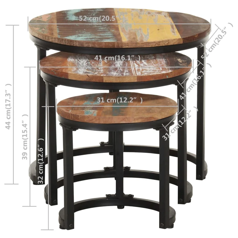 Lot de 3 tables d'appoint en bois de récupération massif multicolore DEC032661