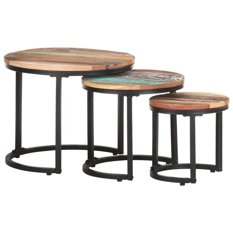 Lot de 3 tables d'appoint en bois de récupération massif multicolore DEC032661