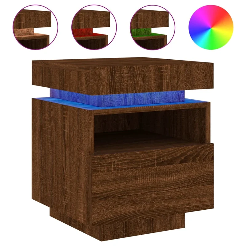 Table de chevet avec tiroir lumières LED RVB 40 x 39 x 48,5 cm bois d'ingénierie marron DEC032771
