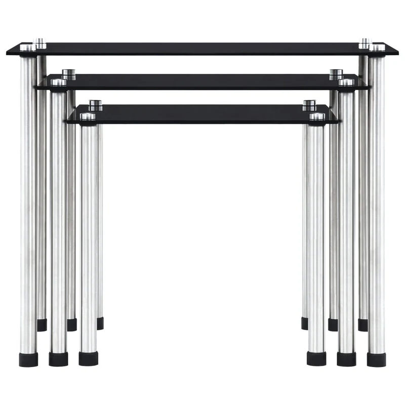 Lot de 3 tables d'appoint gigognes en verre trempé noir et acier DEC032737