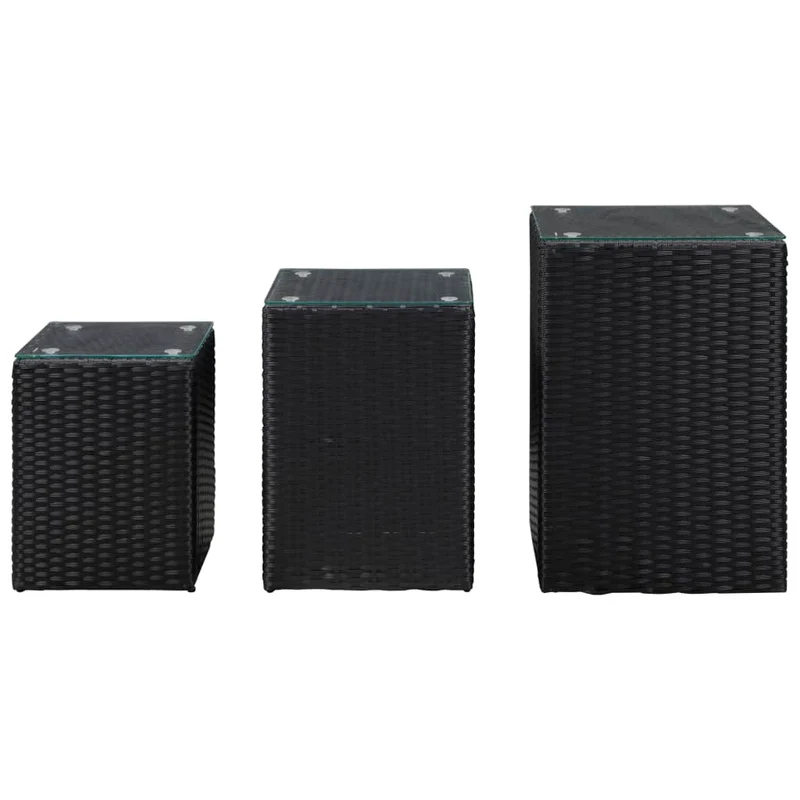 Lot de 3 tables d'appoint en résine tressée noir et dessus en verre DEC032666