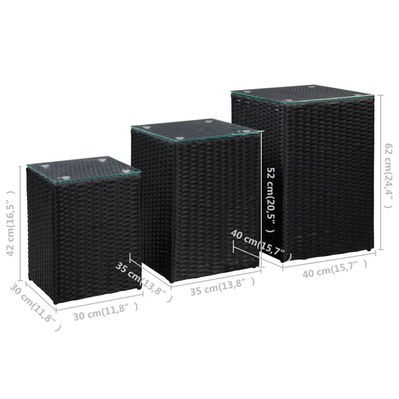 Lot de 3 tables d'appoint en résine tressée noir et dessus en verre DEC032666