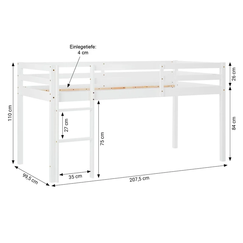 Lit mezzanine avec sommier à lattes 90x200cm avec échelle en bois laqué blanc et toile bleu incluse sans matelas LIT06248