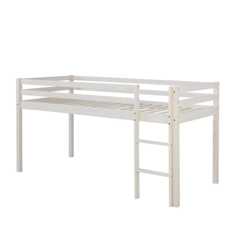 Lit mezzanine avec sommier à lattes 90x200cm avec échelle en bois laqué blanc et toile vert menthe incluse sans matelas LIT06245