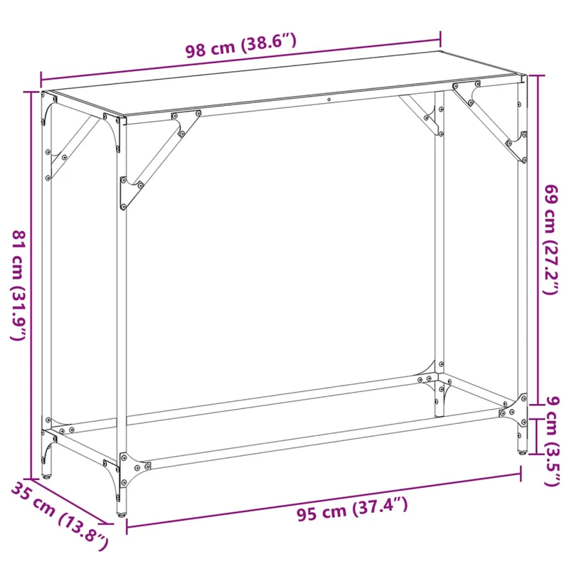 Table console avec dessus en verre et acier noir 98 x 35 x 81 cm DEC031345
