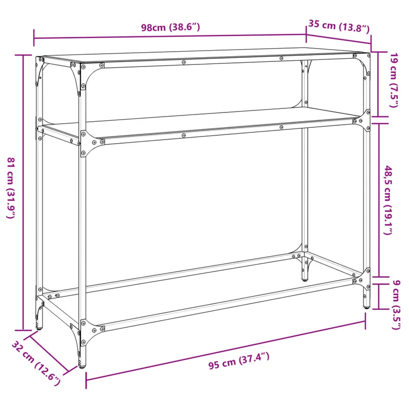 Table console meuble d'entrée avec dessus en verre transparent et acier 98 x 35 x 81 cm DEC031356