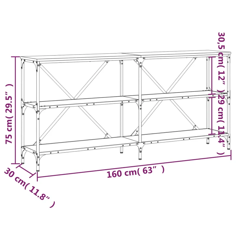 Meuble console d'entrée moderne avec étagères 160 x 30 x 75 cm bois d'ingénierie gris et fer DEC032223