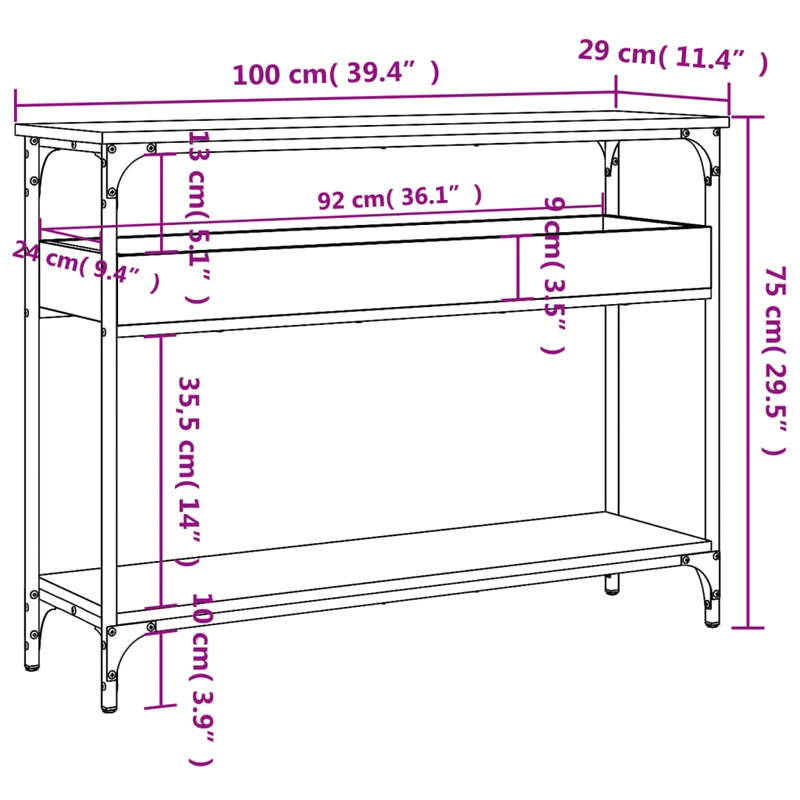 Meuble console d'entrée moderne avec compartiment de rangement 100 x 29 x 75 cm bois d'ingénierie et métal DEC031653